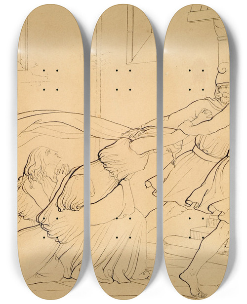 Triptych art skateboard deck of Sir John Everett Millais Elgiva Seized By Order Of Odo Archbishop Of Canterbury by Sir John Everett Millais (1829-1896)