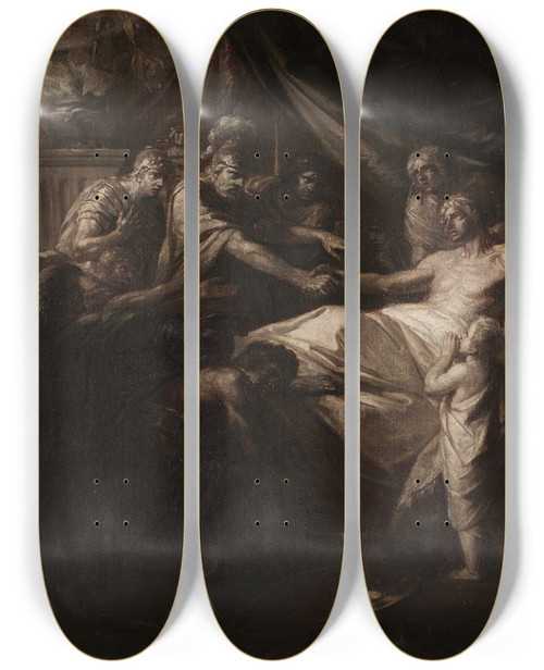Triptych art skateboard deck of Heinrich Friedrich Fger Der Tod Des Germanicus by Heinrich Friedrich Fger (1751-1818)