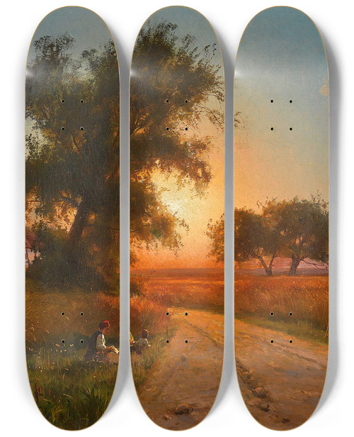 Triptych art skateboard deck of Iosif Evstafevich Krachkovsky On A Late Summers Evening Ukraine by Iosif Evstafevich Krachkovsky (1854-1914)