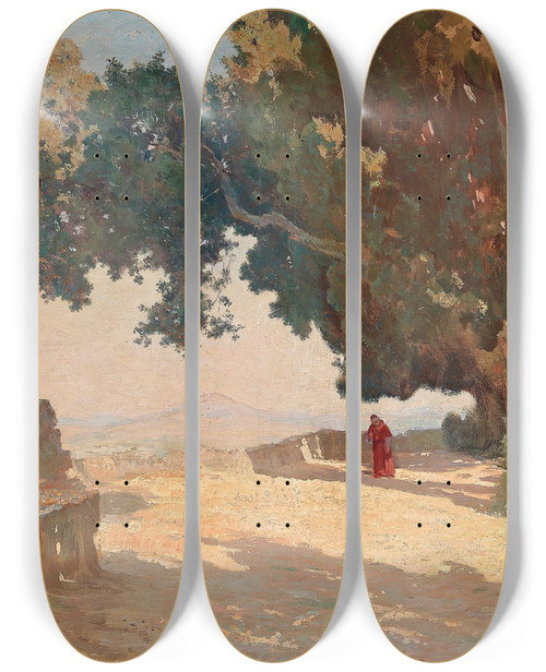 Triptych art skateboard deck of Othmar Brioschi Morgensonne Villa Deste by Othmar Brioschi (1854-1912)