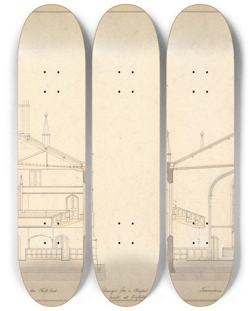 Triptych art skateboard deck of Lewis Vulliamy Design For A Chapel At Enfield Transverse Sections Of The East And West End by Lewis Vulliamy (1791-1871)