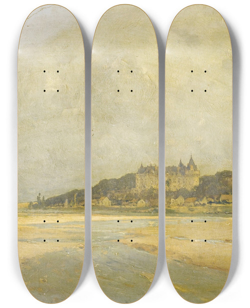 Triptych art skateboard deck of Paul Lecomte Chteau Dans Lembouchure Dun Fleuve by Paul Lecomte (1842-1920)