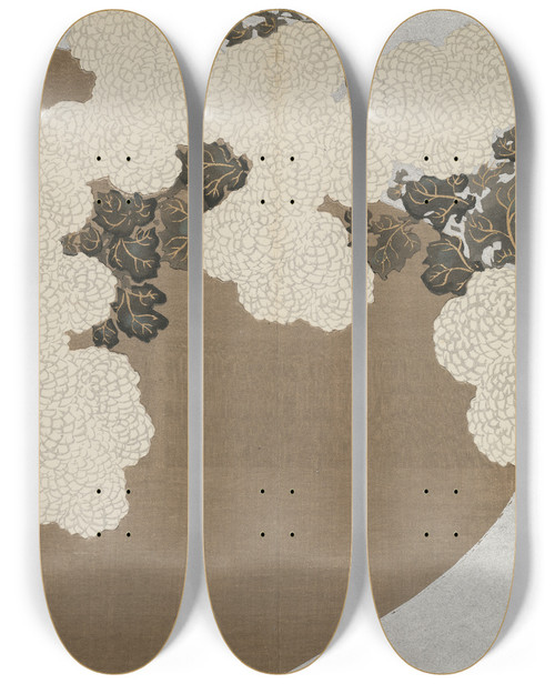 Triptych art skateboard deck of Kamisaka Sekka Chrysanthemums Momoyogusa by Kamisaka Sekka (1866-1942)