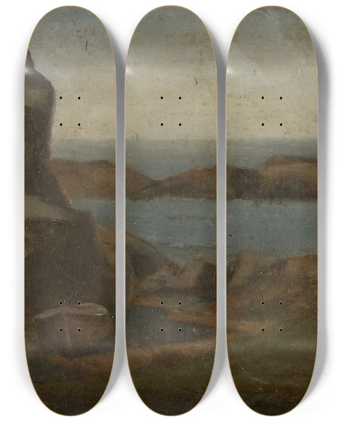 Triptych art skateboard deck of John La Farge Old Boathouse Beach Newport by John La Farge (1835-1910)