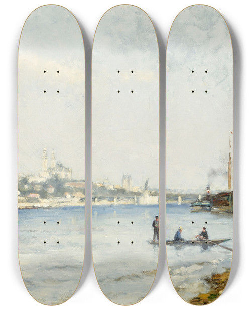 Triptych art skateboard deck of Stanislas Lpine La Seine Passy by Stanislas Lepine (1835-1892)