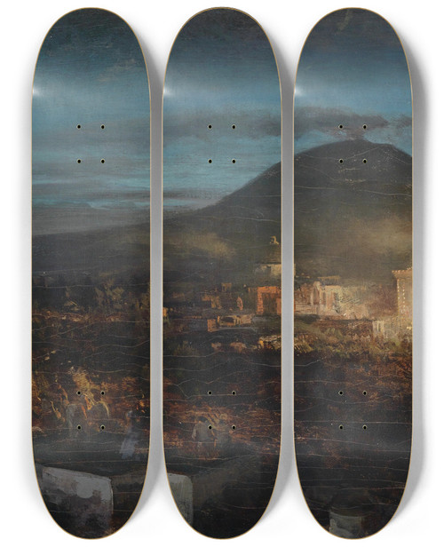 Triptych art skateboard deck of Oswald Achenbach Feuerwerk In Toree Dell Annunziata by Oswald Achenbach (1827-1905)