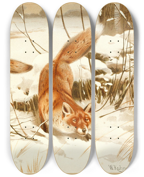 Triptych art skateboard deck of Wilhelm Kuhnert Common Fox by Wilhelm Kuhnert (1865-1926)
