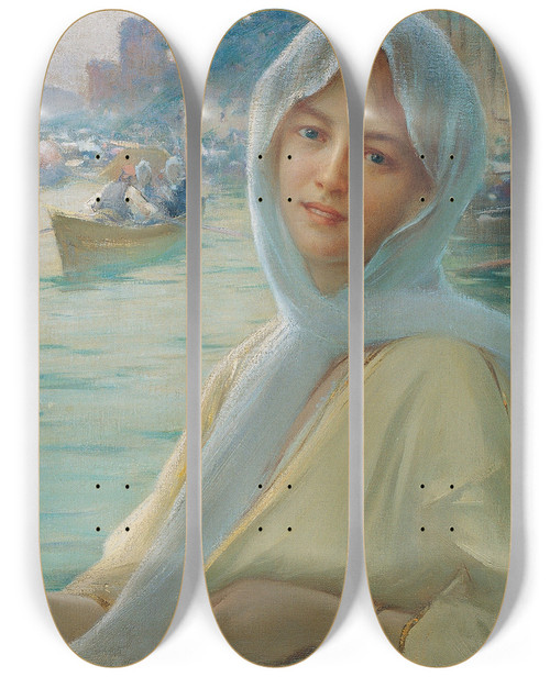 Triptych art skateboard deck of Fausto Zonaro Amusement At Gksu by Fausto Zonaro (1854-1929)