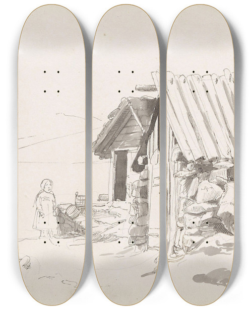 Triptych art skateboard deck of Adolph Tidemand Fra Gudvangen by Adolph Tidemand (1814-1876)