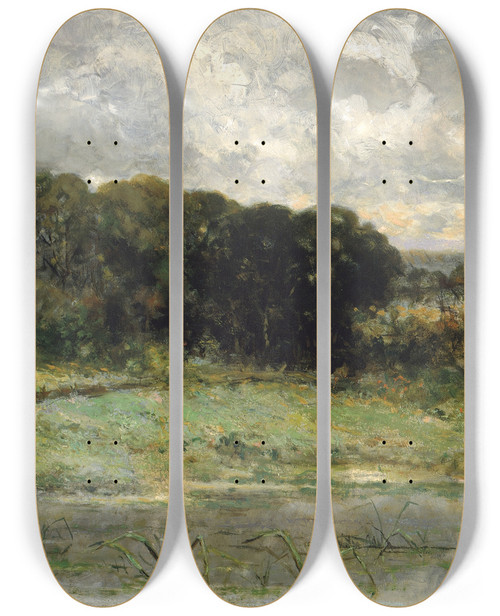 Triptych art skateboard deck of Edward Mitchell Bannister Swale Land by Edward Mitchell Bannister (1828-1901)