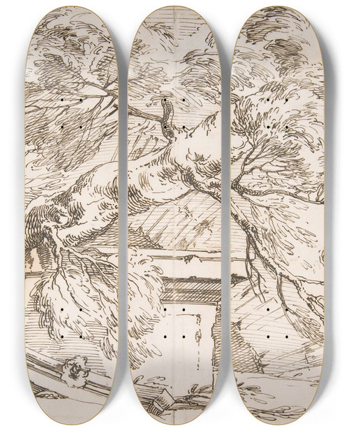 Triptych art skateboard deck of Paul Troger A Fallen Tree With Ruins by Paul Troger (1698-1762)