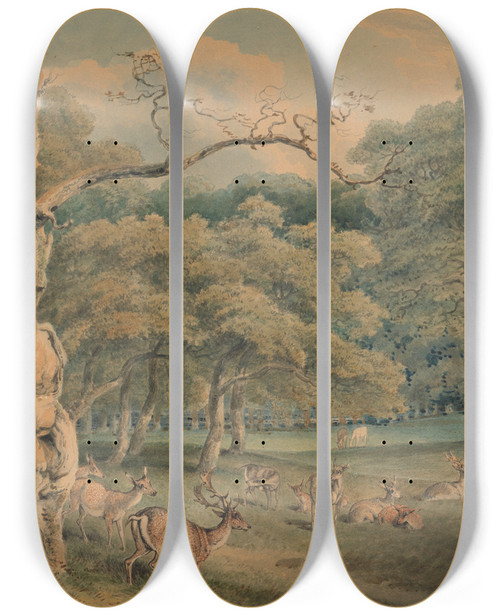 Triptych art skateboard deck of Samuel Howitt Hearnes Oak Windsor Forest by Samuel Howitt (1756-1822)