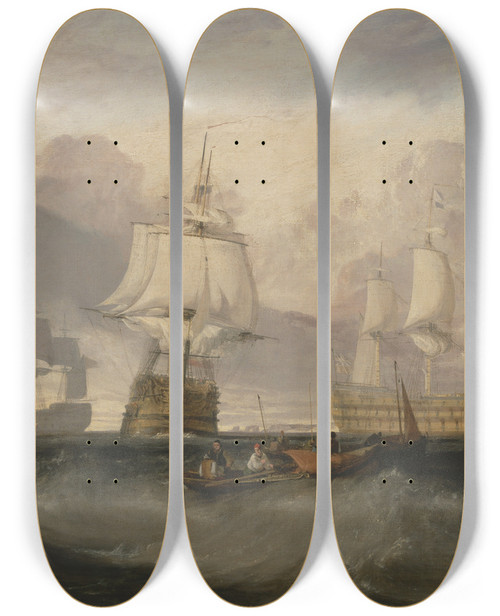 Triptych art skateboard deck of Joseph Mallord William Turner The Victory Returning From Trafalgar In Three Positions by Joseph Mallord William Turner (1775-1851)