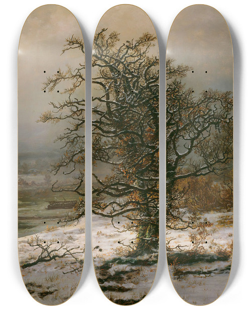 Triptych art skateboard deck of Johan Christian Dahl Oak Tree By The Elbe In Winter by Johan Christian Dahl (1788-1857)