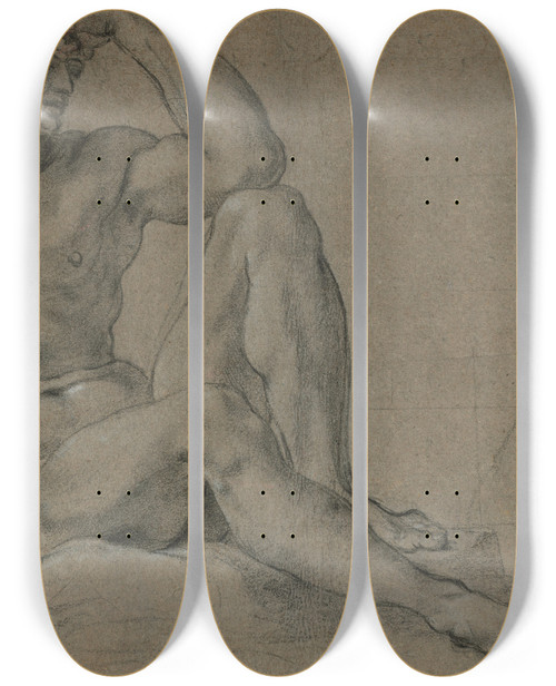 Triptych art skateboard deck of Annibale Carracci Hercules Resting Recto Footed Vessel With Handle Verso by Annibale Carracci (1560-1609)
