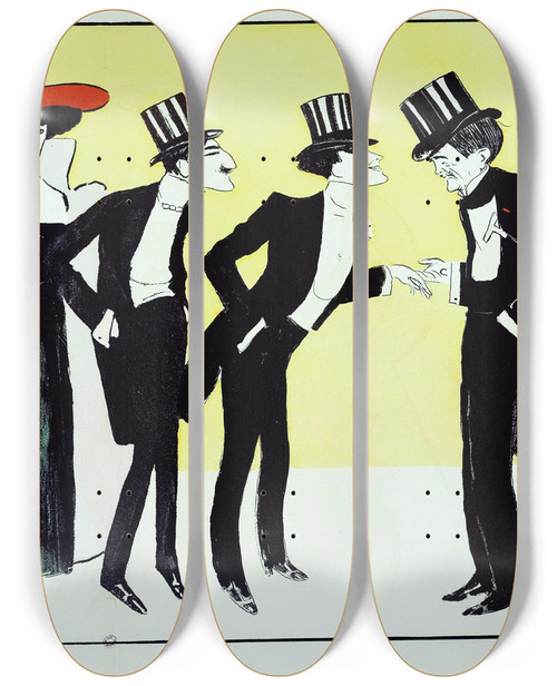 Triptych art skateboard deck of Georges Goursat Sem Arthur Meyer M Et Mme Catulle Mends Leoneto Capiello Francis De Croisset Paul Hervieu by Georges Goursat (Sem) (1863-1934)