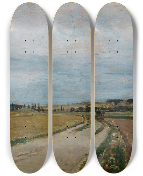 Triptych art skateboard deck of Carl Moll Stimmungsstudie Abend Michelhausen Plankenberg by Carl Moll (1861-1945)