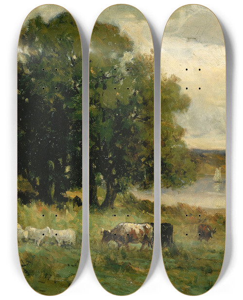 Triptych art skateboard deck of Edward Mitchell Bannister Untitled Cattle Near River With Sailboat In Distance by Edward Mitchell Bannister (1828-1901)