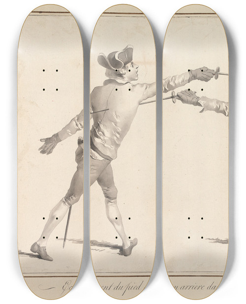 Triptych art skateboard deck of James Gwin Echappement Du Pied Gauche En Arriere Dans Le Tems De La Passe Au Dehors Des Armes by James Gwin (1720-1769)