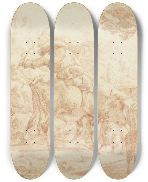 Triptych art skateboard deck of Johann Heinrich Roos Ein Auf Einem Ochsen Reitender Hirte Treibt Seine Herde Heimwrts by Johann Heinrich Roos (1631-1685)