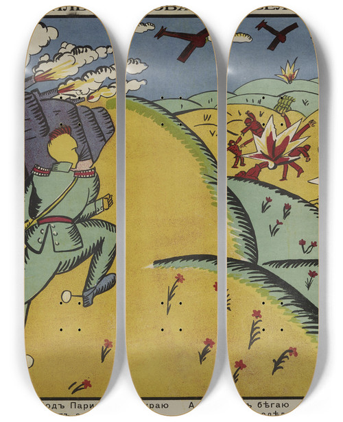 Triptych art skateboard deck of Kazimir Malevich On The Outskirts Of Paris My Army Is Being Beaten Up Im Just Running Around And Cant Do A Thing by Kazimir Malevich (1879-1935)