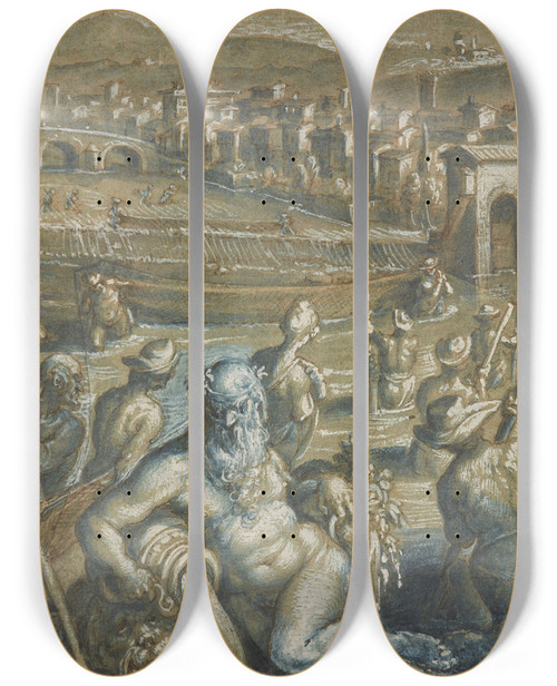 Triptych art skateboard deck of Jan Van Der Straet The Arno With Fishermen by Jan van der Straet (1523-1605)