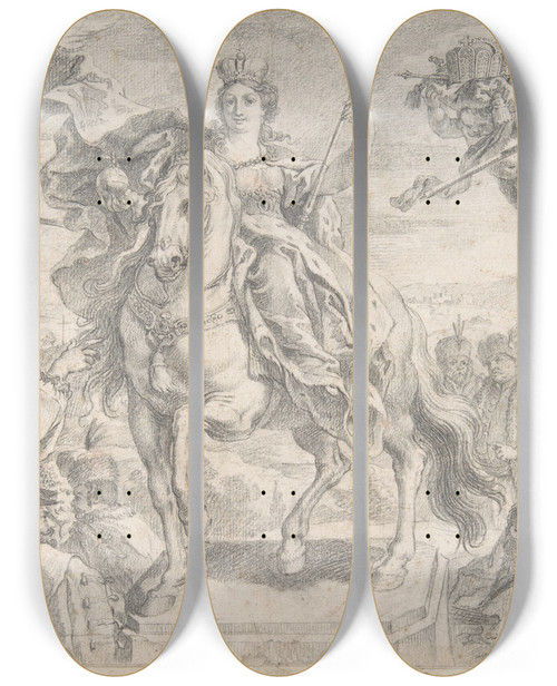 Triptych art skateboard deck of Gottfried Bernhard Goetz Allegory Of Europe From The Four Continents by Gottfried Bernhard Goetz (1708-1774)