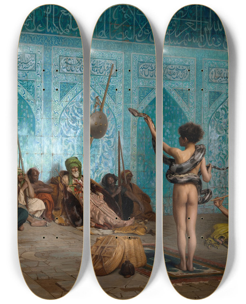 Triptych art skateboard deck of Jeanlon Grme Snake Charmer by Jean-Lon Grme (1824-1904)