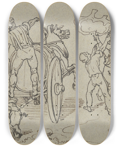 Triptych art skateboard deck of Ferdinand Fellner Herbstfeier In Schwaben Zur Weinlese by Ferdinand Fellner (1799-1859)