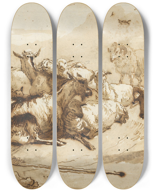 Triptych art skateboard deck of Giovanni Domenico Tiepolo Goats And Sheep In A Landscape by Giovanni Domenico Tiepolo (1727-1804)