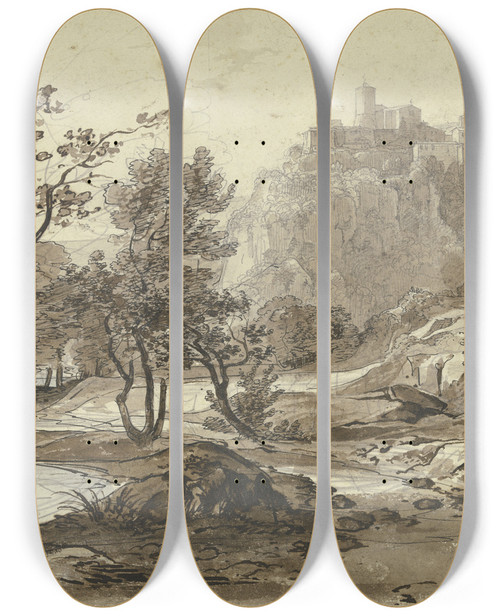 Triptych art skateboard deck of Friedrich Salath Ansicht Von Nemi Im Vordergrund Der Nemisee_1 by Friedrich Salathe (1793-1860)