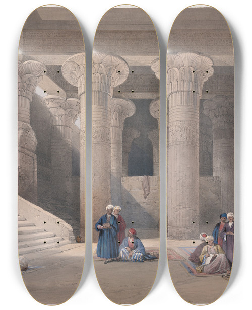 Triptych art skateboard deck of David Roberts Temple At Esneh Isn Nov 25Th 1838 by David Roberts (1796-1864)