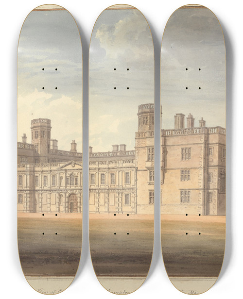 Triptych art skateboard deck of John Buckler South East View Of Castle Ashby Northamptonshire The Seat Of The Marquis Of Northampton by John Buckler (1770-1851)