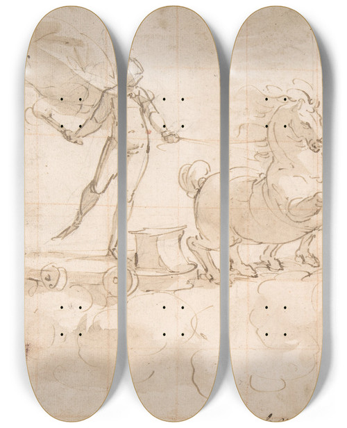 Triptych art skateboard deck of Luca Cambiaso Apollo Driving The Chariot Of The Rising Sun by Luca Cambiaso (1527-1585)