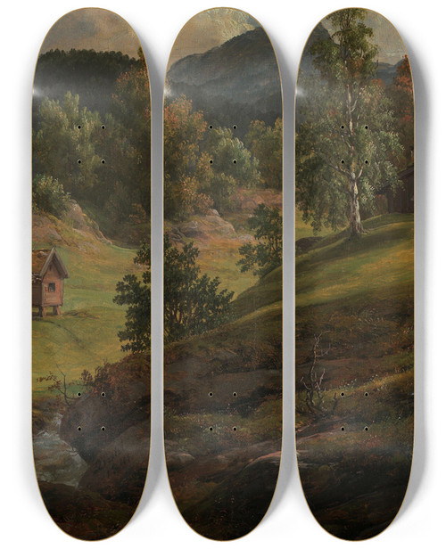 Triptych art skateboard deck of Johan Christian Dahl Farm At Lysekloster by Johan Christian Dahl (1788-1857)