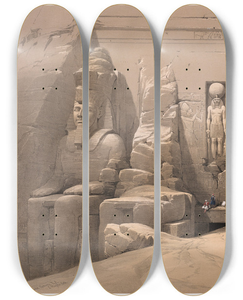Triptych art skateboard deck of David Roberts Front Elevation Of The Great Temple Of Aboosimble Sic Nubiafrontispiece Vol 2 by David Roberts (1796-1864)