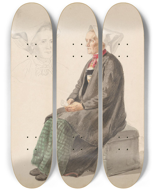 Triptych art skateboard deck of Adolph Tidemand Jente I Hverdagsdrakt Voss Kvinnehode Guro Vossebakken by Adolph Tidemand (1814-1876)