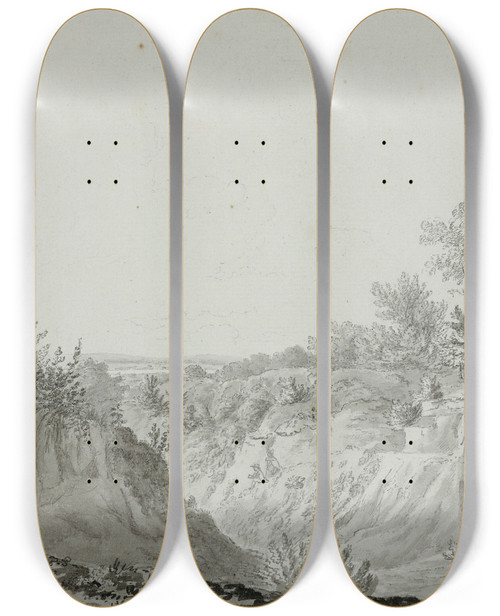 Triptych art skateboard deck of William Day View Of A Valley With Two Figures Seated On A Path by William Day (1764-1807)