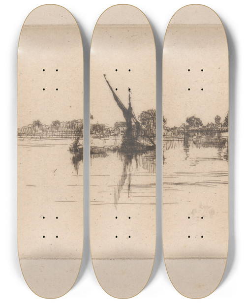 Triptych art skateboard deck of James Abbott Mcneill Whistler The Little Putney No 2 by James Abbott Mcneill Whistler (1834-1903)