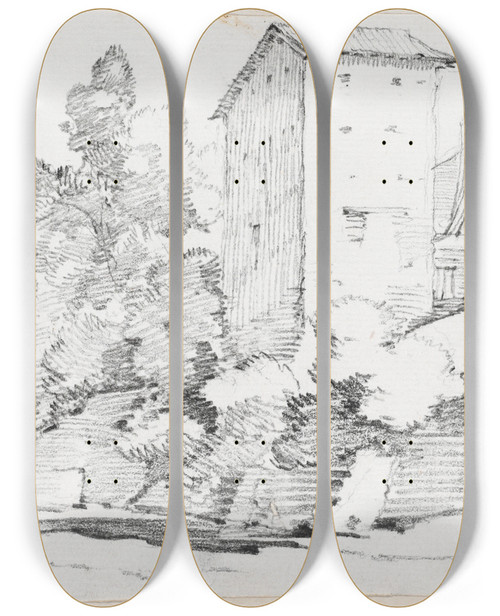 Triptych art skateboard deck of Josephmarie Vien Italian Farm Buildings By A Stream by Joseph Marie Vien (1716-1809)