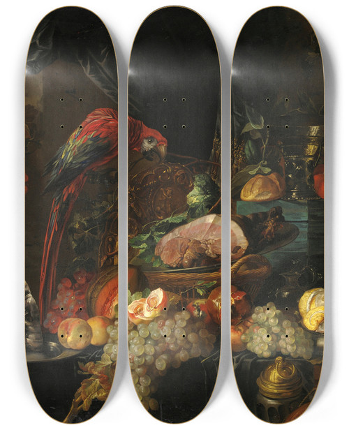 Triptych art skateboard deck of Jan Davidsz De Heem Still Life With Fruit Oysters And A Parrot by Jan Davidsz de Heem (1606-1684)