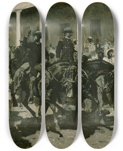 Triptych art skateboard deck of Frederic Remington The Return Of Gomez To Havana by Frederic Remington (1861-1909)