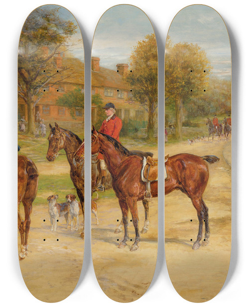 Triptych art skateboard deck of Heywood Hardy Meet At The Inn by Heywood Hardy (1842-1933)