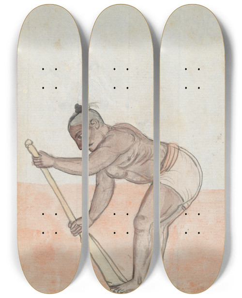 Triptych art skateboard deck of Gangaram Chintaman Tambat Two Jeyties Exercising by Gangaram Chintaman Tambat