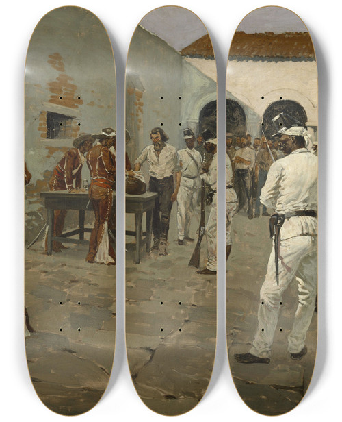 Triptych art skateboard deck of Frederic Remington The Mier Expedition The Drawing Of The Black Bean by Frederic Remington (1861-1909)