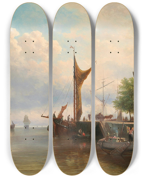Triptych art skateboard deck of Elias Pieter Van Bommel Sailboats In The Harbour by Elias Pieter Van Bommel (1819-1890)