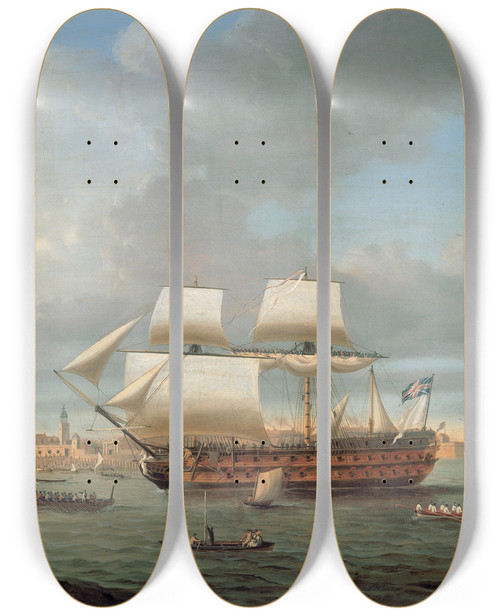 Triptych art skateboard deck of Dominic Serres Foudroyant And Pgase Entering Portsmouth Harbour 1782 by Dominic Serres (1722-1793)