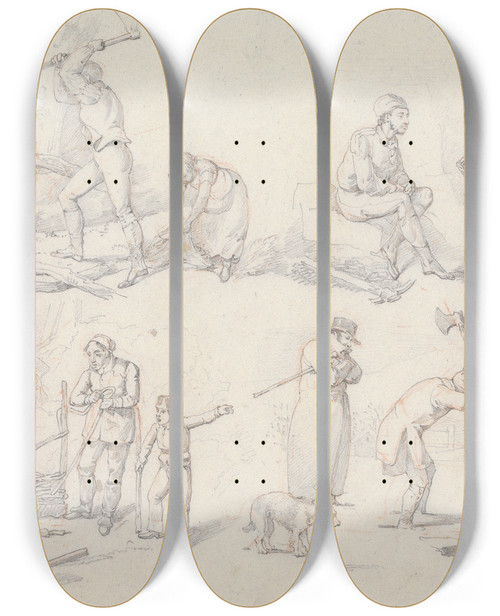 Triptych art skateboard deck of Henry Thomas Alken Landscape Scenery No 10 Scenes With Woodcutters by Henry Thomas Alken (1785-1851)