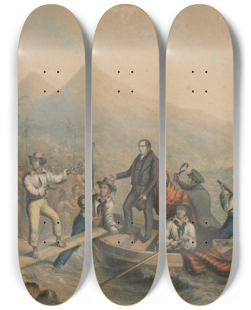 Triptych art skateboard deck of George Baxter The Reception Of The Rev J Williams At Tanna In The South Seas The Day Before He Was Massacred by George Baxter (1804-1867)