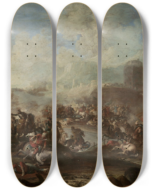 Triptych art skateboard deck of Joseph Parrocel Battle Of Christians Against The Turks by Joseph Parrocel (1646-1704)